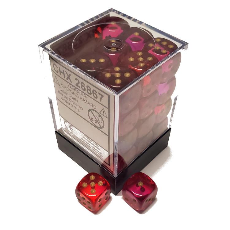 Chessex Gemini Translucent Red Violet Gold 12mm D6 Dice Block 36 Dice