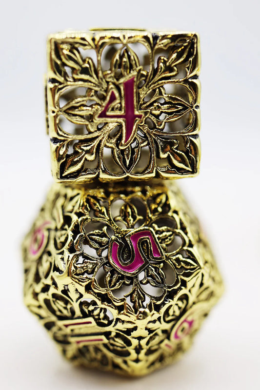 Foam Brain Games Fleur de Lis Gilded Magenta Hollow Metal RPG Dice Set