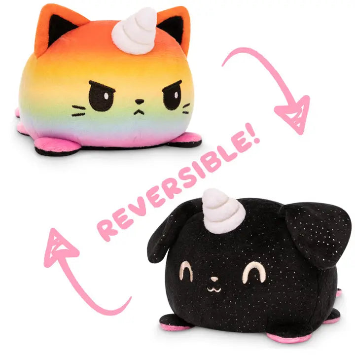 TeeTurtle Reversible Kittencorn and Puppicorn Plushie Rainbow and Black Sparkle