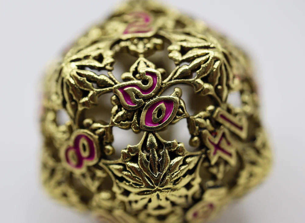 Foam Brain Games Fleur de Lis Gilded Magenta Hollow Metal RPG Dice Set