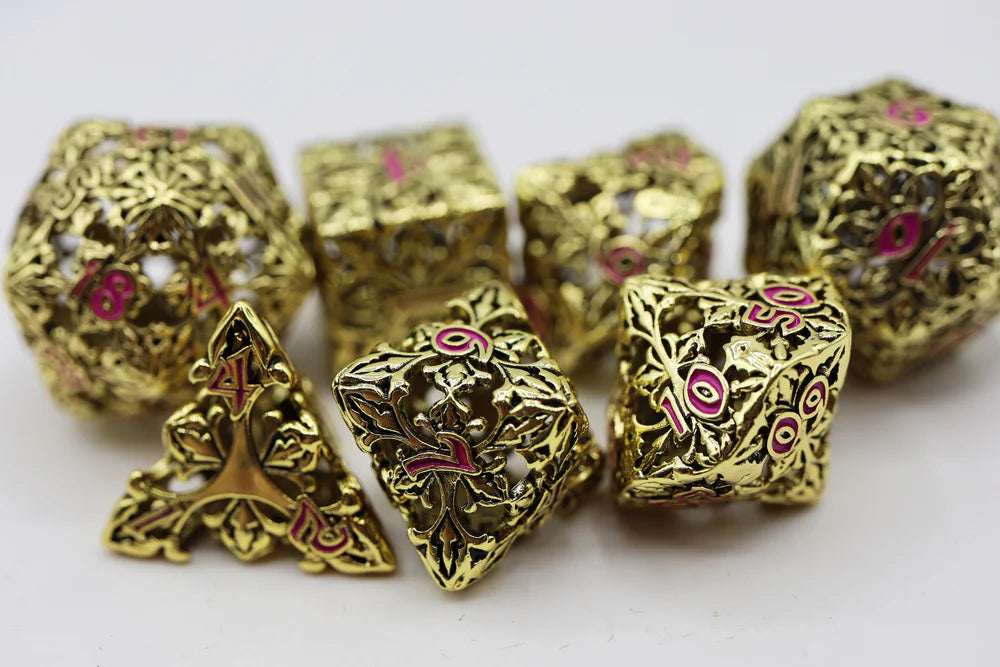 Foam Brain Games Fleur de Lis Gilded Magenta Hollow Metal RPG Dice Set