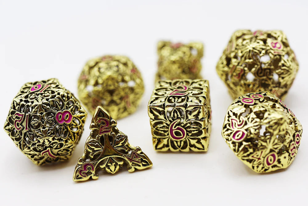 Foam Brain Games Fleur de Lis Gilded Magenta Hollow Metal RPG Dice Set