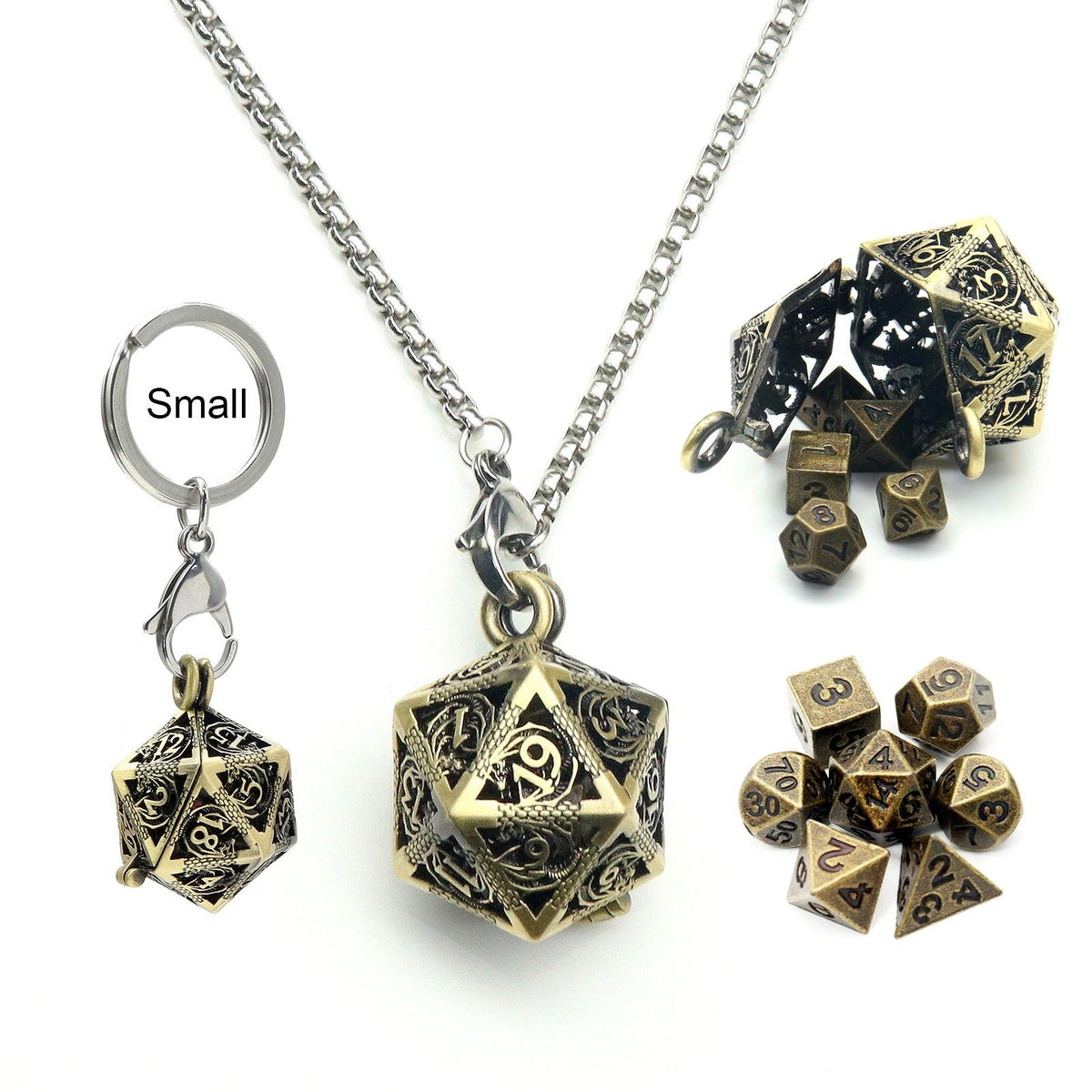 Mini Metal D20 Dice Necklace and Keychain Set